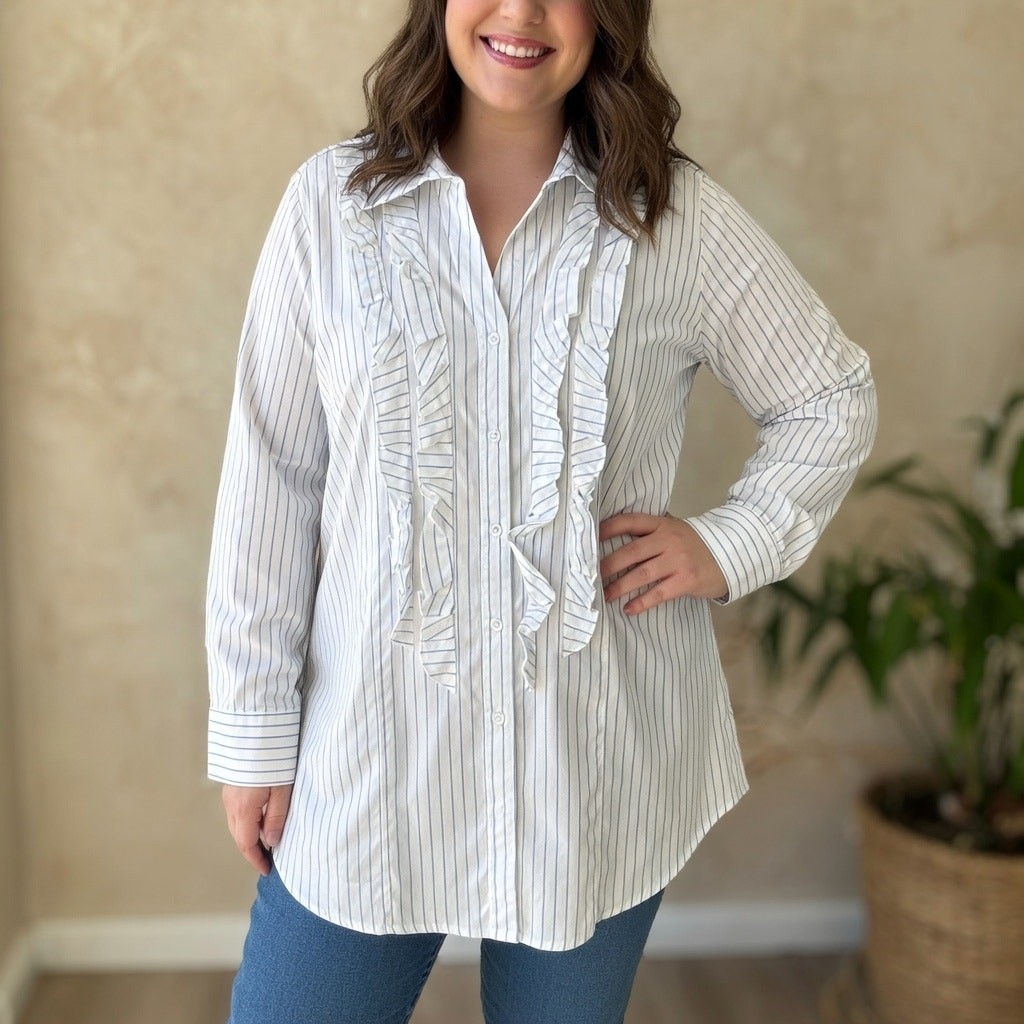 Lane Bryant Blue Stripe Ruffle Button Front top NWT 22