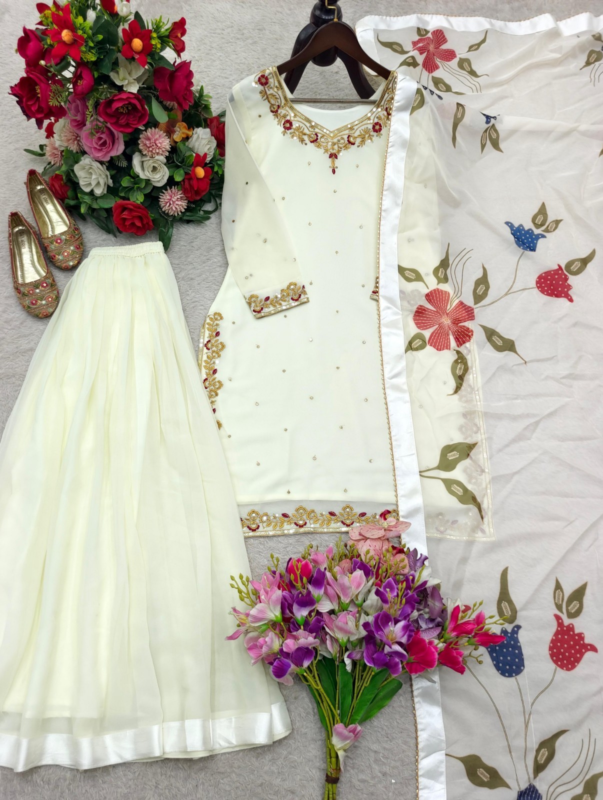 Elegant White Faux Georgette Kurta Palazzo With Dupatta For Party Wear