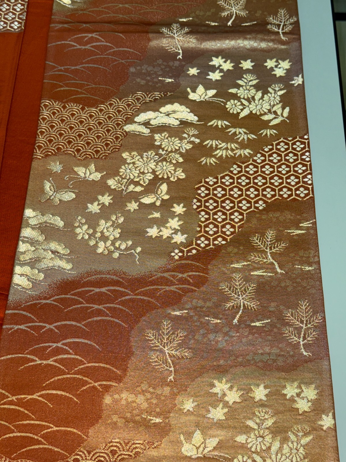 Japanese Vintage Kimono Fukuro Obi silk brown expensive embroidery 167.7×12.2in