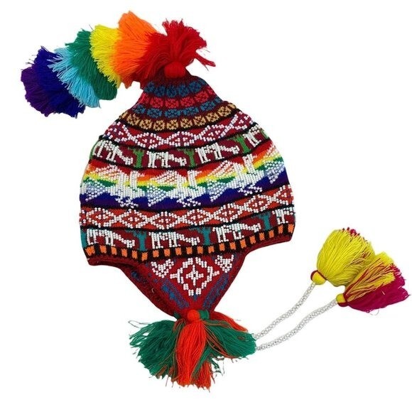 Handmade Artisanal Peruvian Beaded Chullo Hat Rainbow Cusco Colors