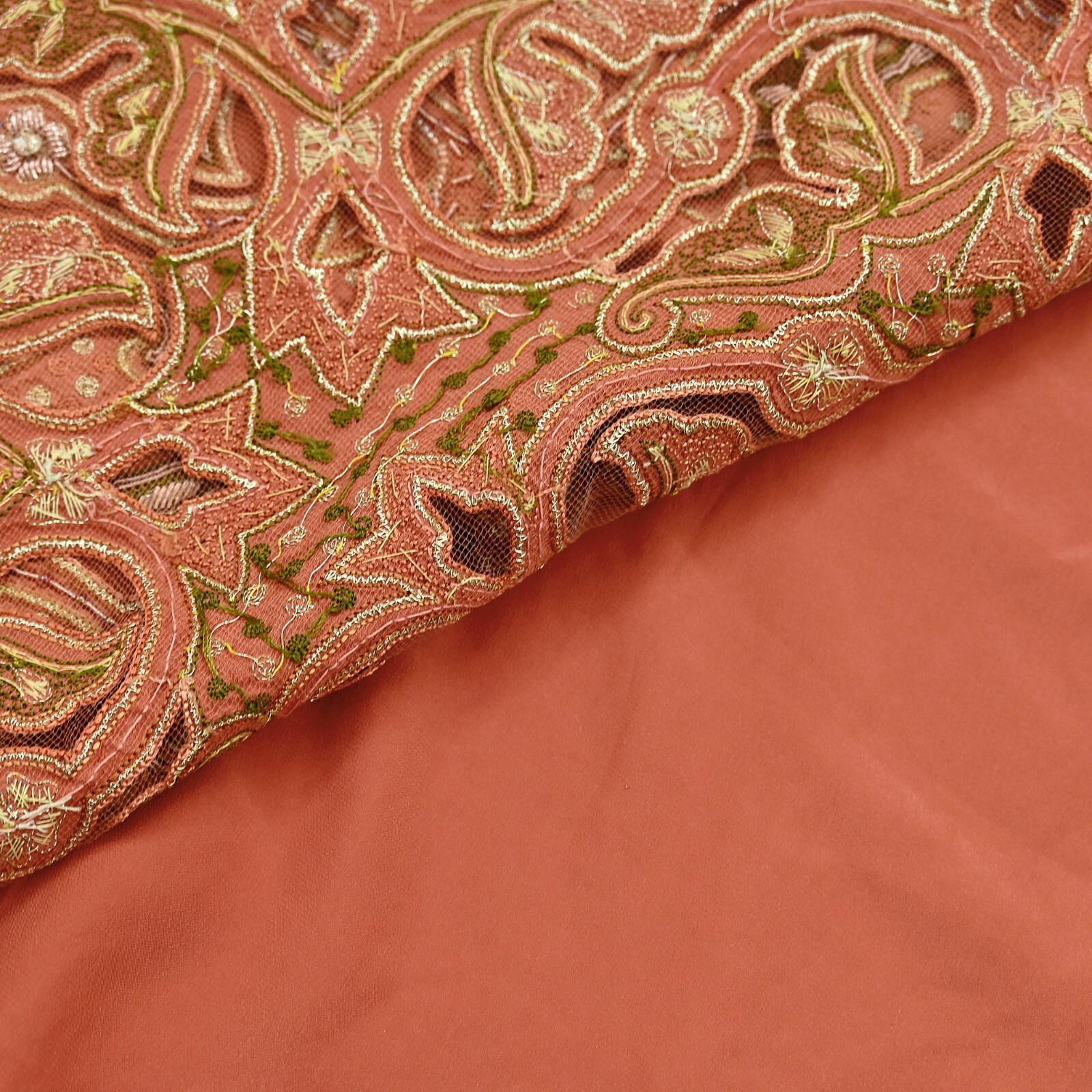 Vintage Heavy Peach Sari Hand Embroidered Saree Pure Satin Silk 5yd Ethnic Dabka