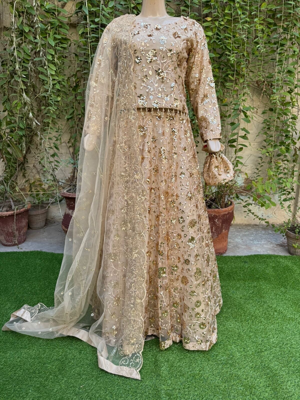 Pakistani Beige Straight Style Embroidered Sequins soft net Lehenga Dress,S