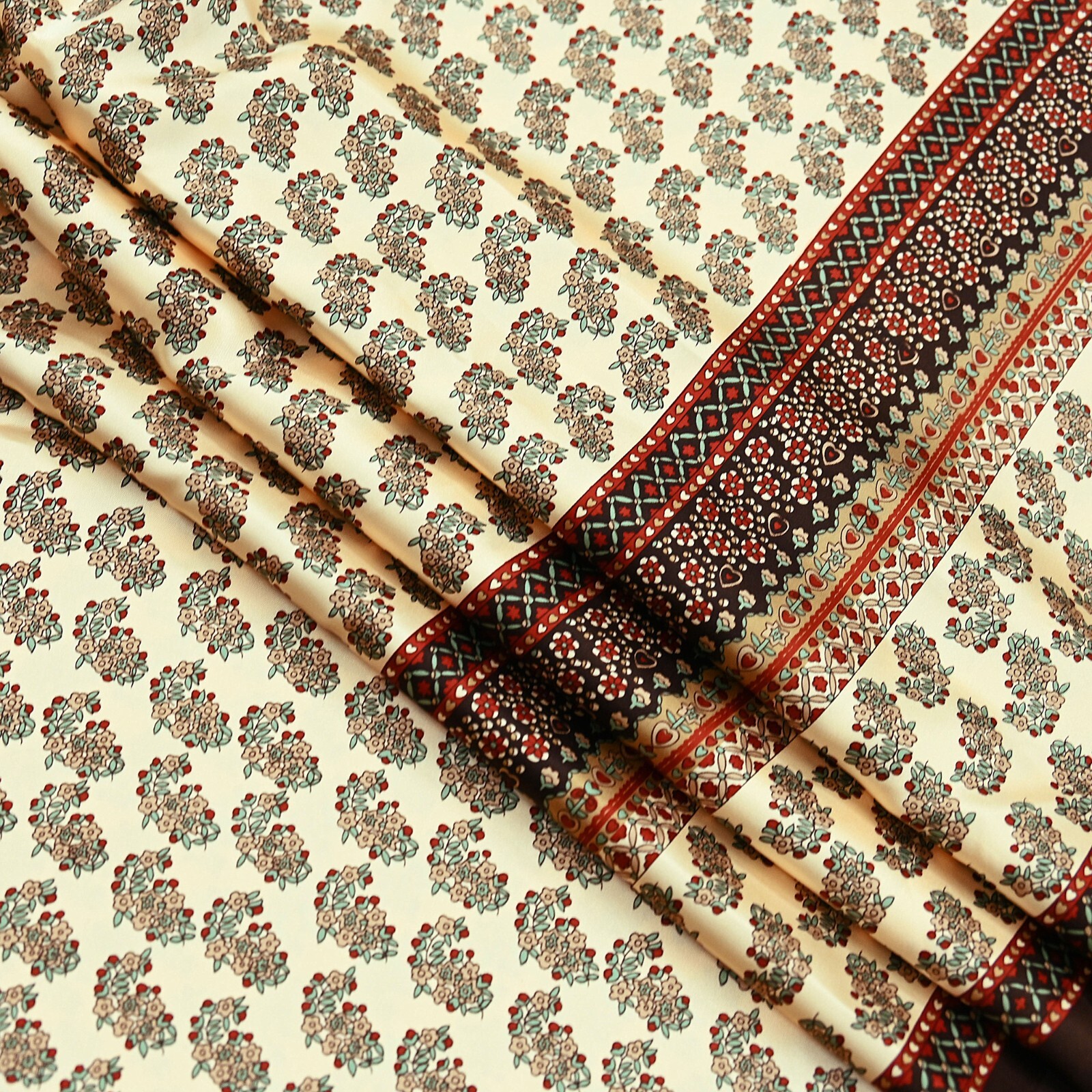 Indian Vintage Saree Beige Satin Printed Sari 5yd Sewing Floral Soft Craft Fabri