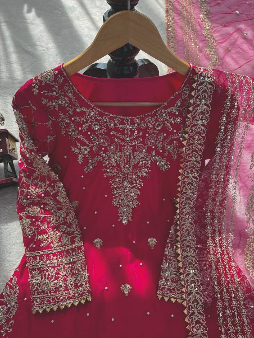 Premium Designer Crepe Silk Farshi Salwar Kameez With Net Dupatta For Women