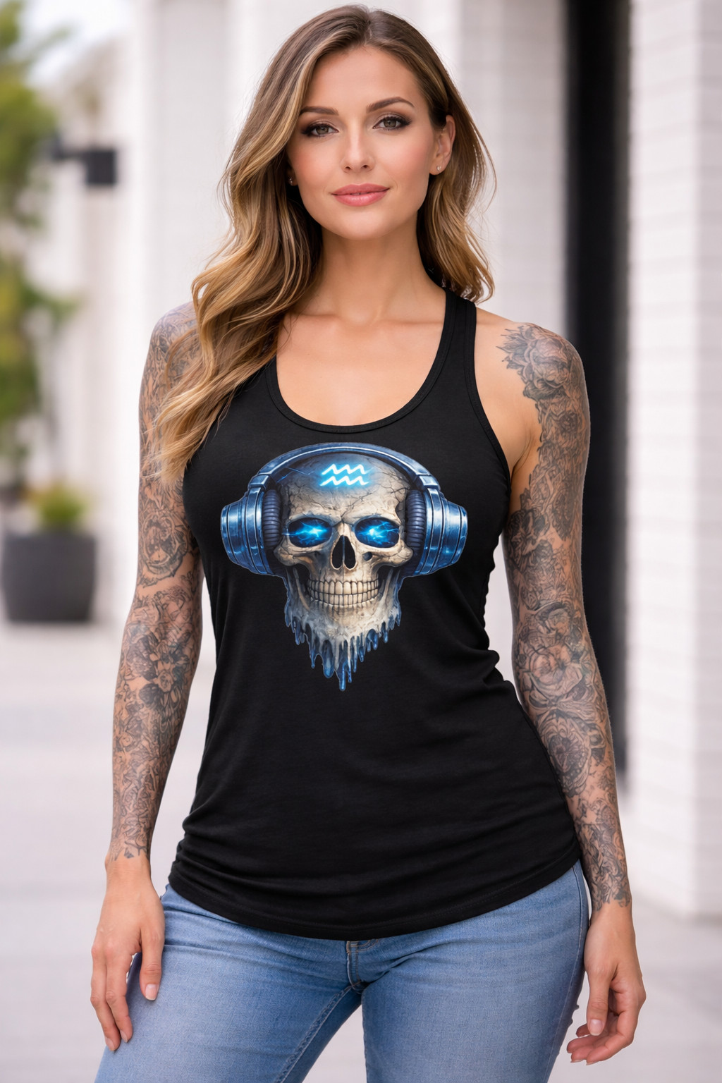 Aquarius Tank Top Zodiac Cosmic Skull Dark Celestial Women Streetwear