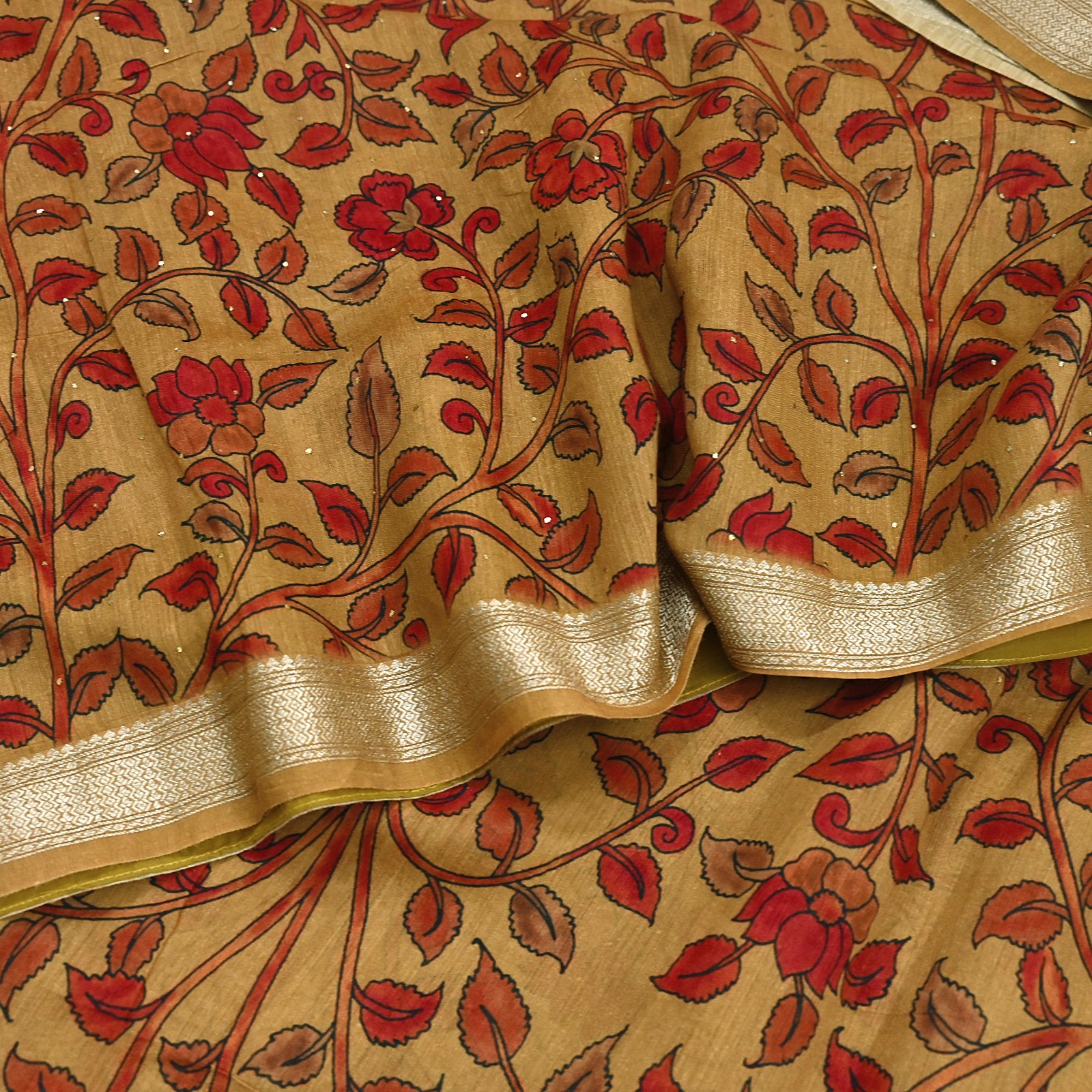 Indian Vintage Sari Pure chanderi Silk Kalamkari Print Saree Craft Fabric 5Yd
