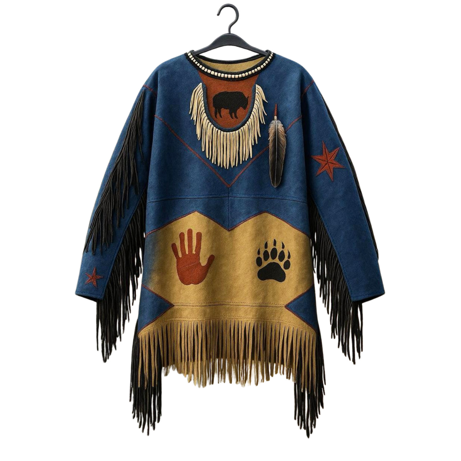 Traditional Hand Painted Native American Plains Style War Shirt with Fringe