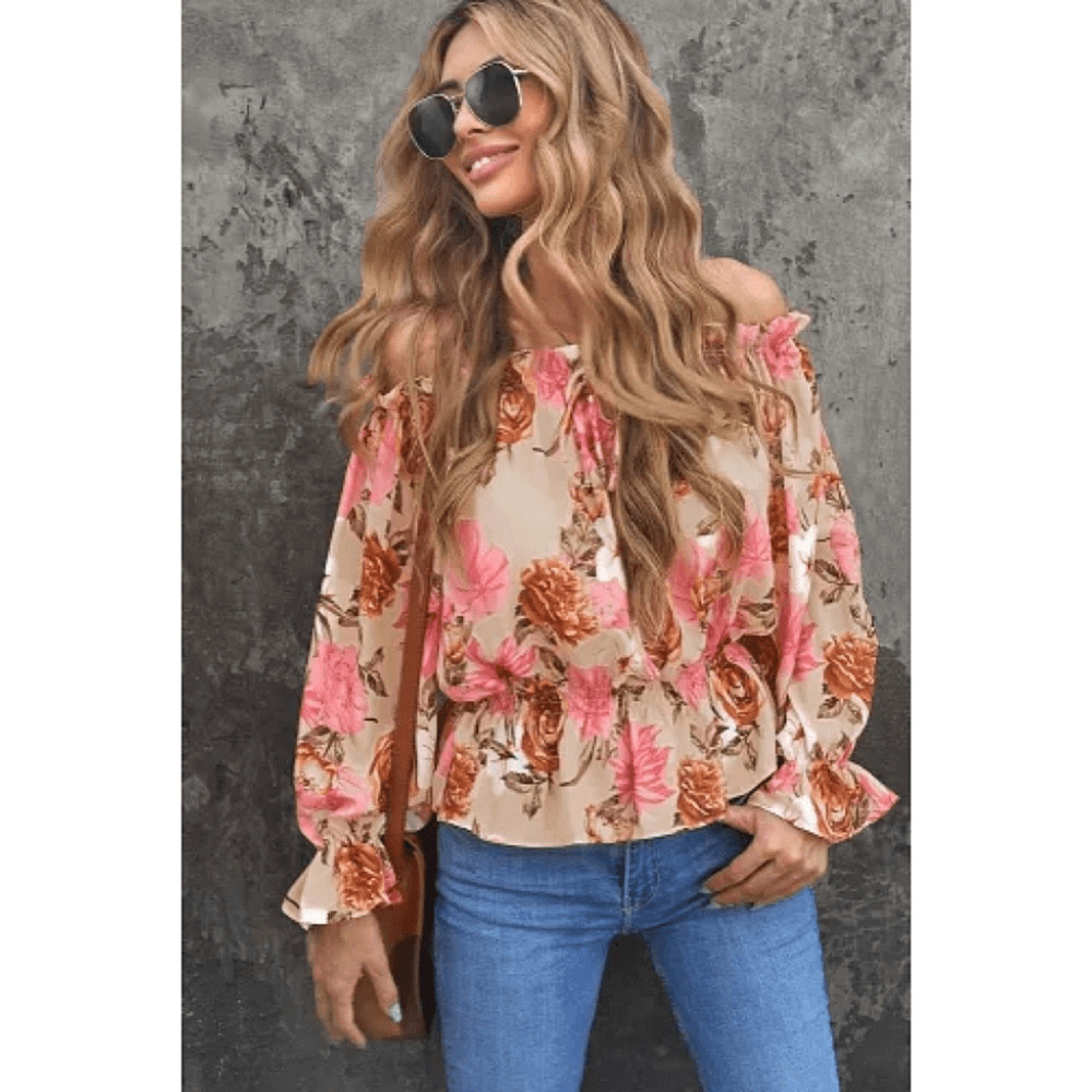 Off The Shoulder Long Sleeve Floral Blouse XL