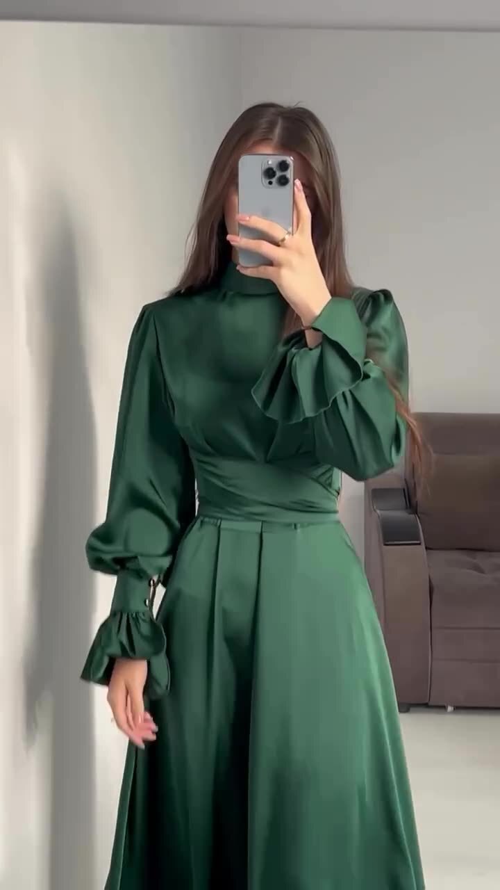 Women Long Dress Lantern Sleeves High Neck Party Plain Color Gown Lace Up Dress