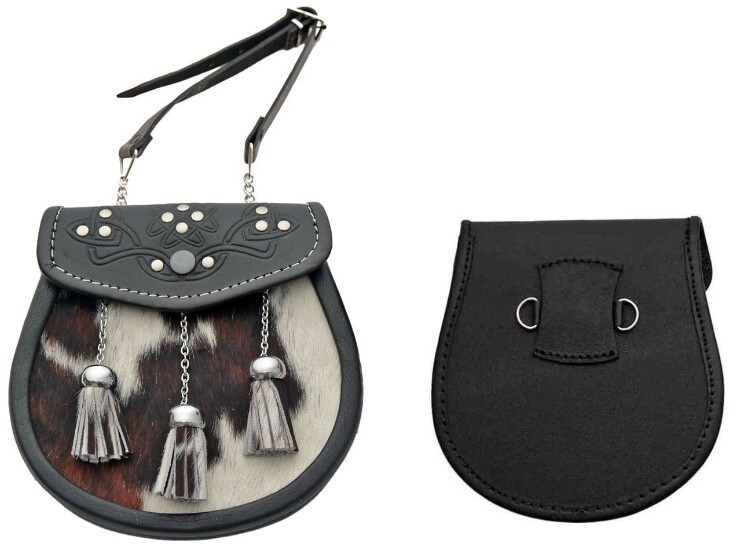 3 Tassel Cowhide Skin Leather Kilt SPORRAN & Belt Scottish Bag Pipe Wear Celtic