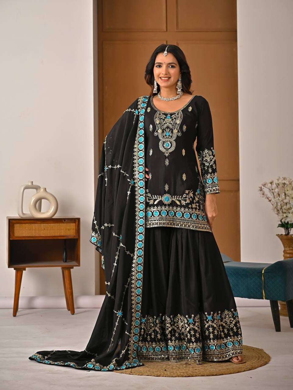 New Designer Heavy Vichitra Silk Black Top Palazzo With Dupatta For Party Wear