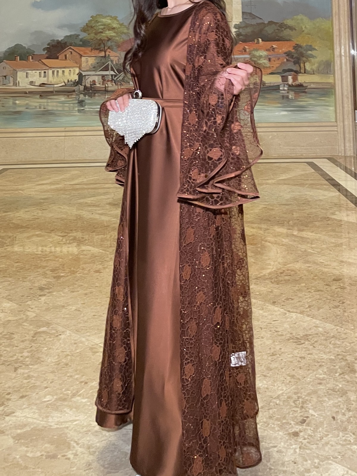 Muslim Women 2Pcs Lace Sequin Flared Sleeves Elegant and Dignified Banquet Robe