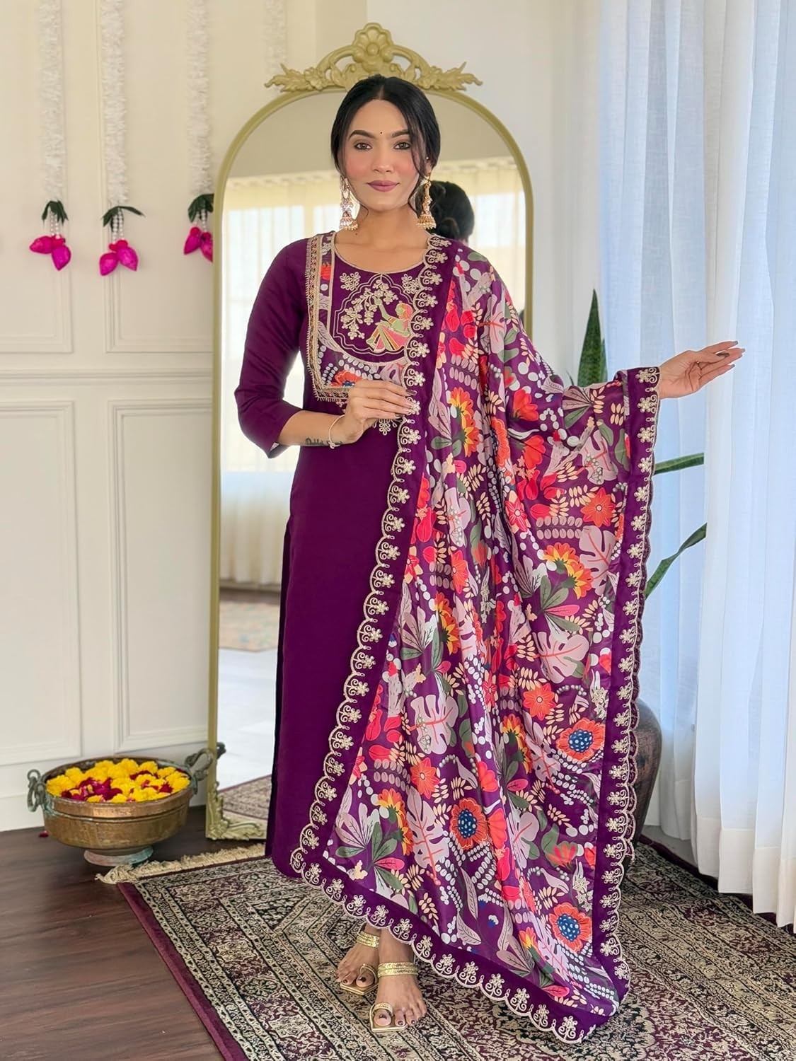 Women’s Viscose Chanderi Embroidery Work Straight Kurta, Pant and Dupatta Set