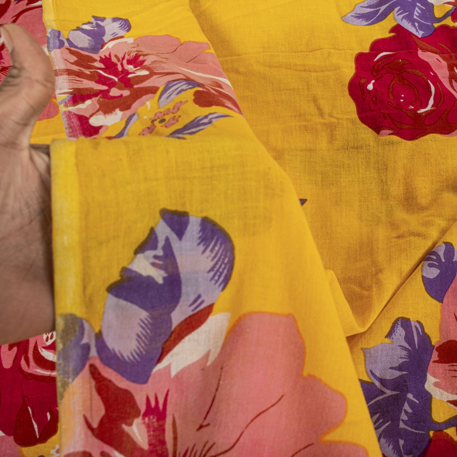 Sanskriti Vintage Saree Yellow Soft Pure Cotton Floral Digital Print Sari 5+Yd