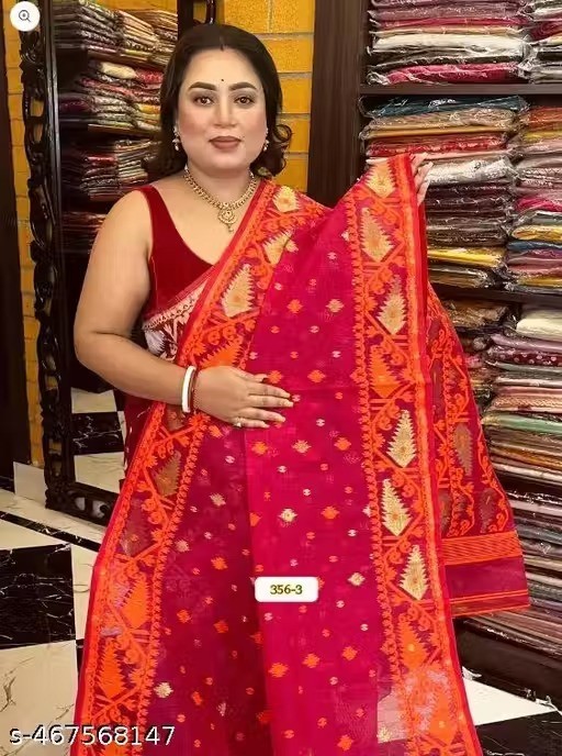 Traditional Bengali Handmade Jamdani Saree With Unstitched Bloused Wedding Wear