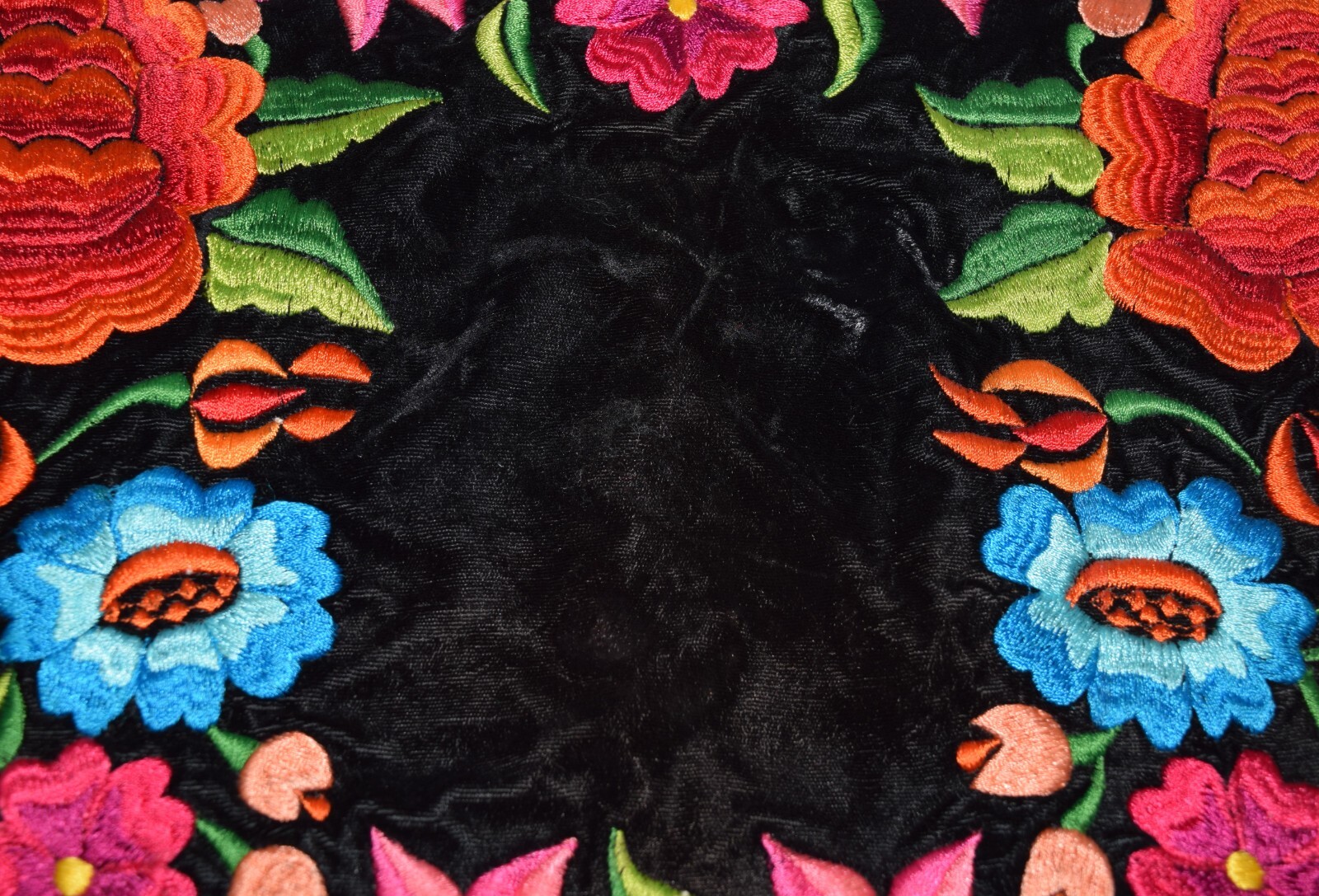 Black Velvet Mexican Folk Blouse Shirt Heavily Embroidered Multicolored Flowers