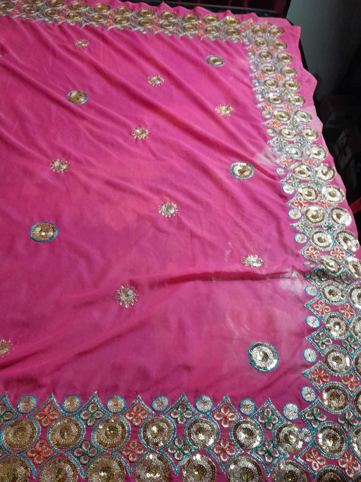 EAST INDIAN VINTAGE CHIFFON SARI HEAVILY EMBELLISHED GOLD SEQUINS 6YDS L X 45″ W