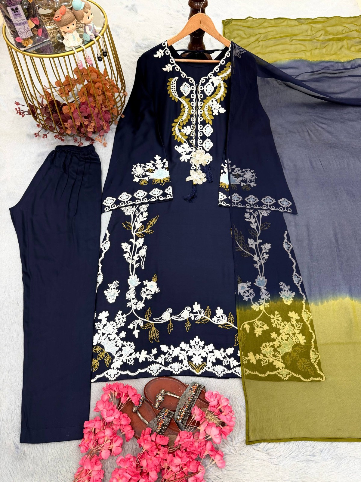 Presenting New Navy Blue Satin Rayon Salwar Kameez With Dupatta For Women