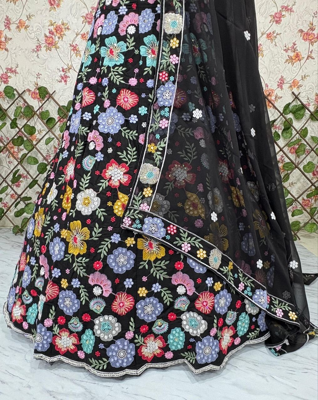 Black Georgette Embrodaried Flower lahenga choli