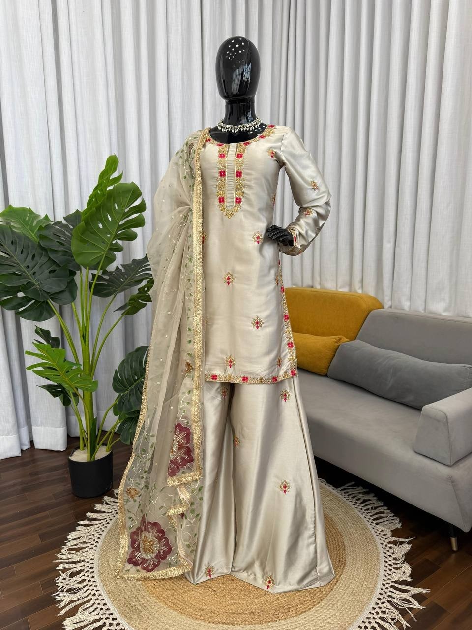 Presenting Japan Satin Silk Grey Top Palazzo With Dupatta For Festival Wear