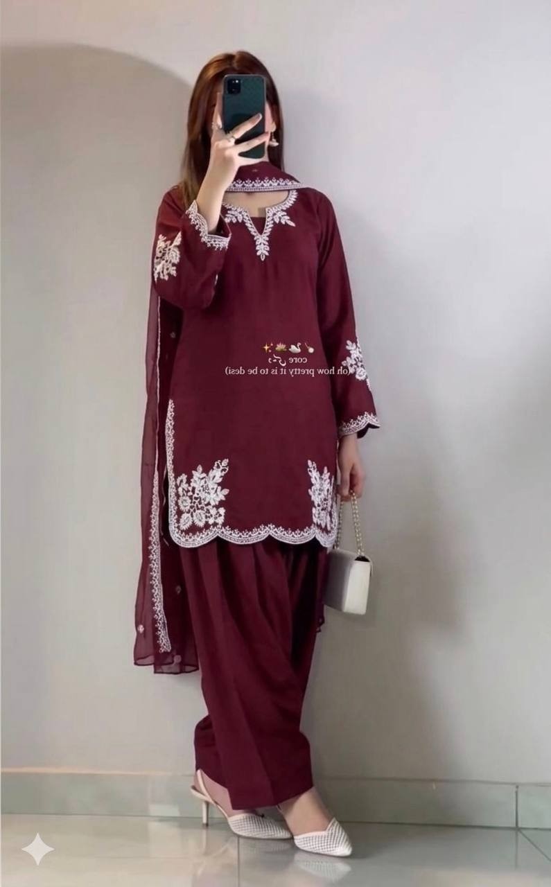Fashionable Roman Cotton Maroon Salwar Kameez With Dupatta For Party Wear
