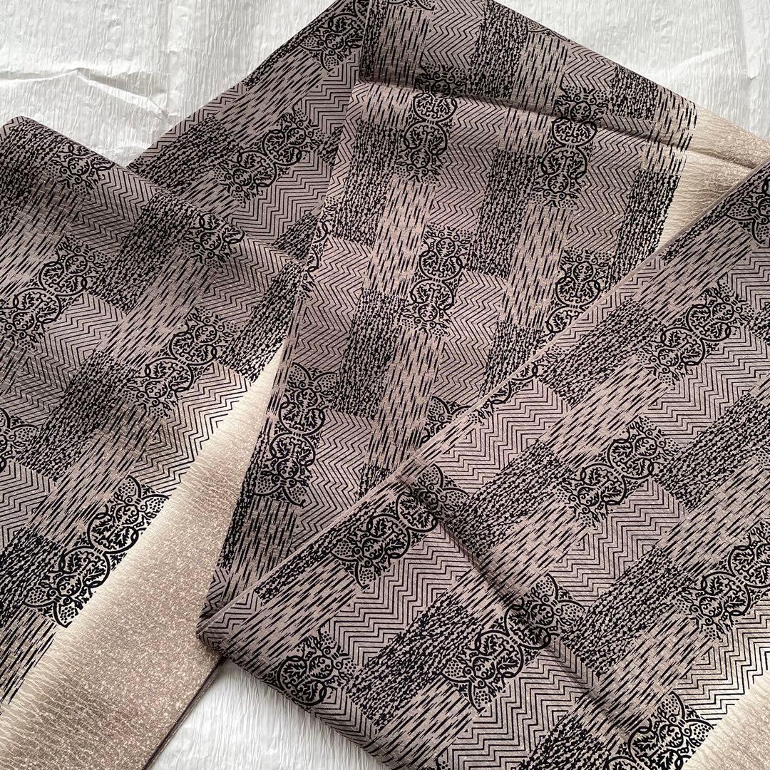Silk Fukuro Obi Full Pattern Gray Beige Geometric Kimono Sash 440cm