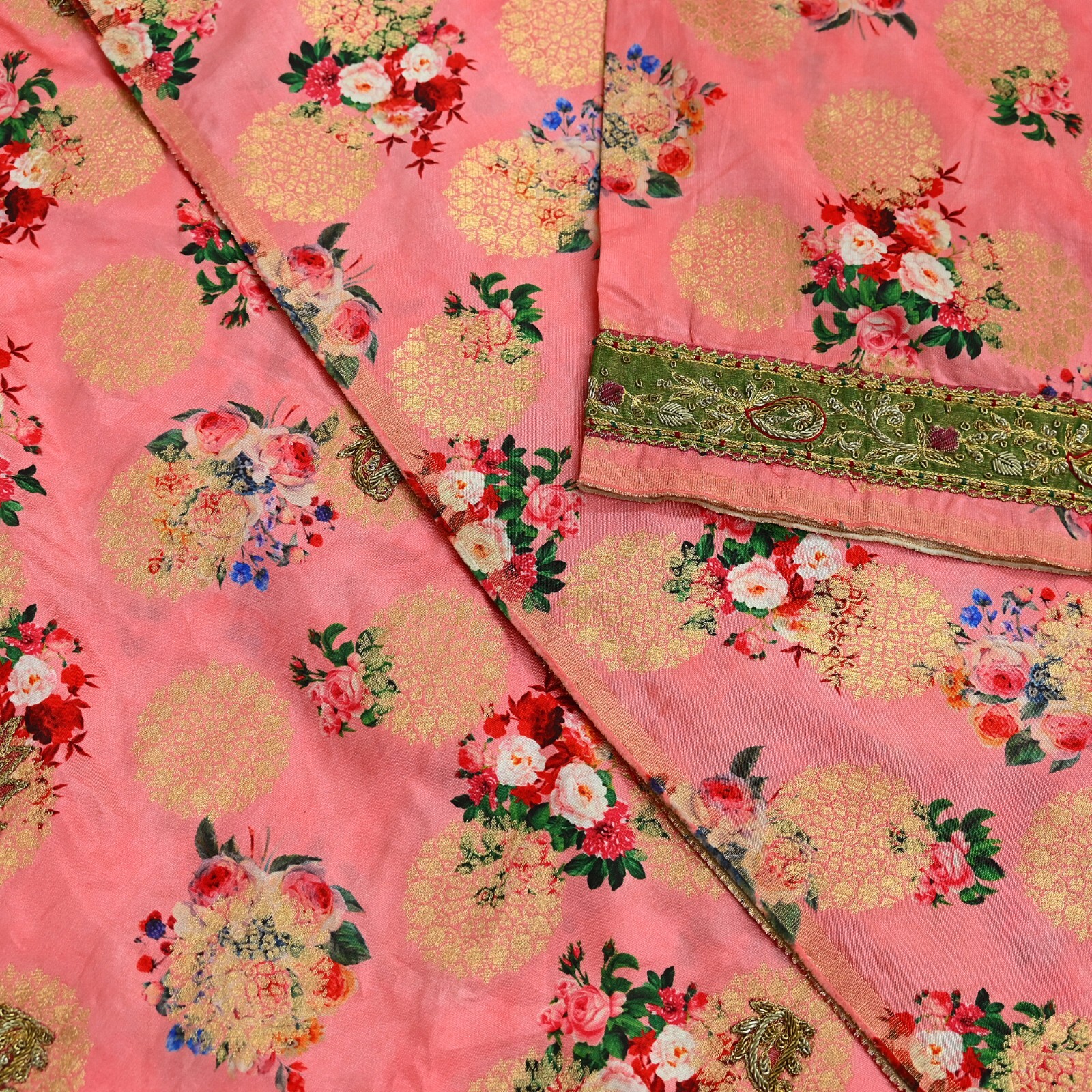 Vintage Peach Sarees Hand Embroidered Woven Brocade Sari Fabric 6Yd Sewing Dabka