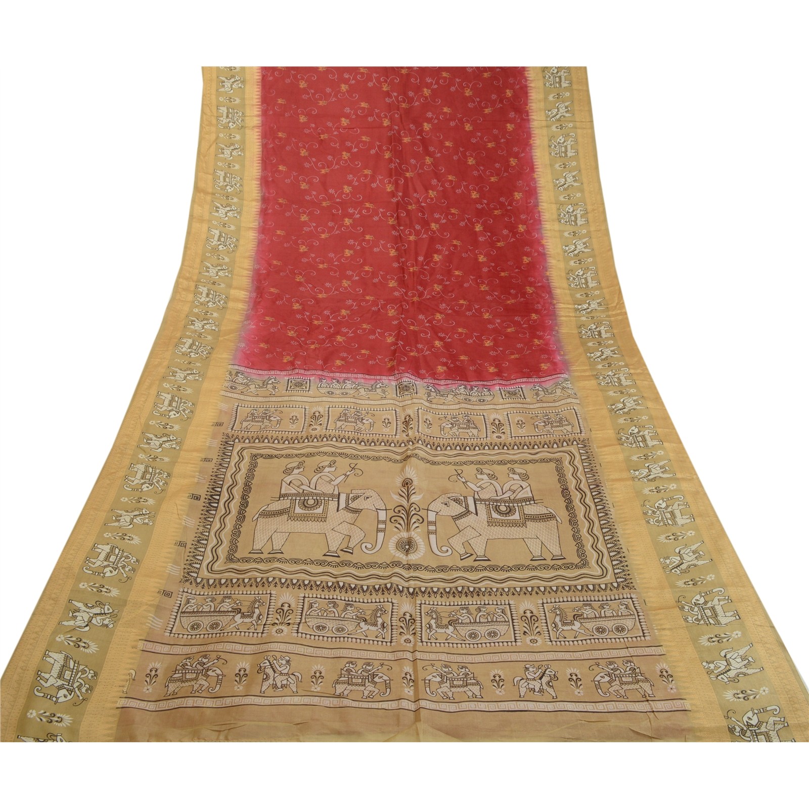Sanskriti Vintage Sarees Red/Brown Animal Human Printed Pure Silk Sari Fabric