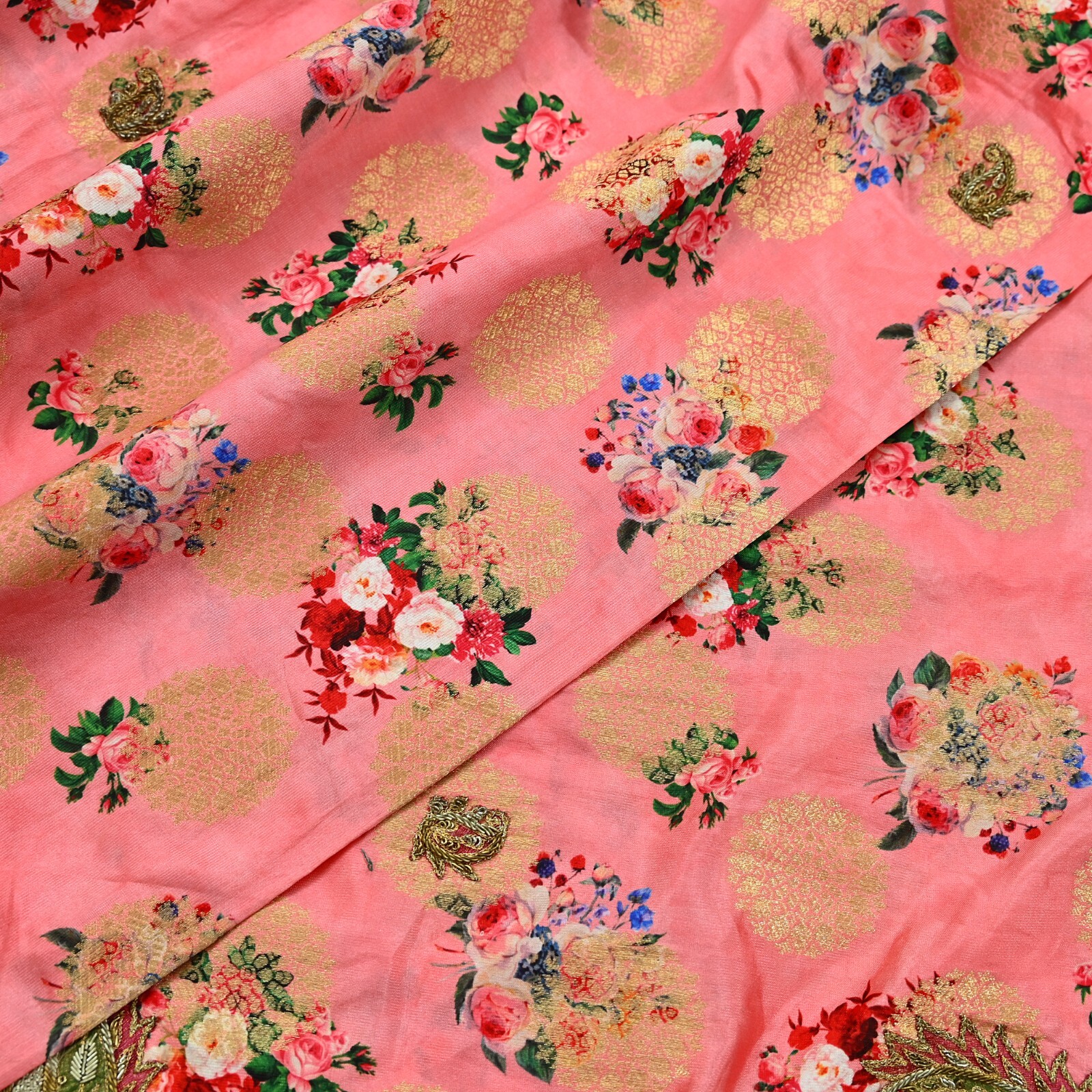 Vintage Peach Sarees Hand Embroidered Woven Brocade Sari Fabric 6Yd Sewing Dabka