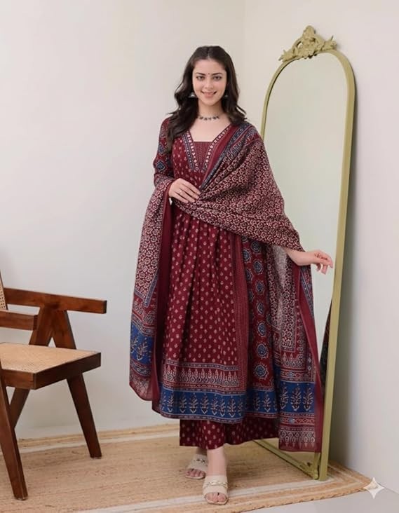 Women’s Rayon Printed Anarkali Kurta and Pant with Dupatta Set