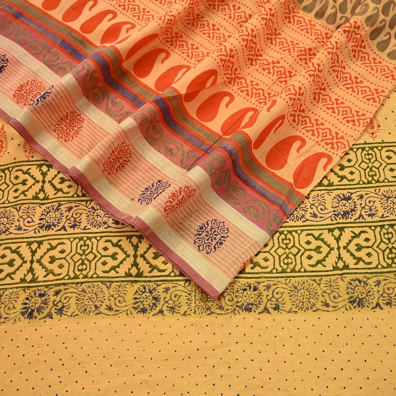 Indian Vintage Yellow Block Printed Pure Chanderi Silk Saree Floral Zari Fabric