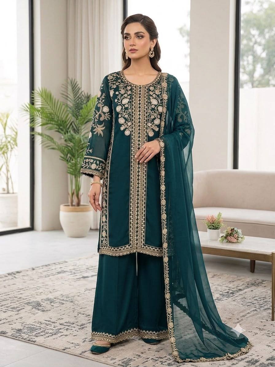 New Designer Teal Blue Roman Kurta Palazzo With Dupatta For Wedding Wear