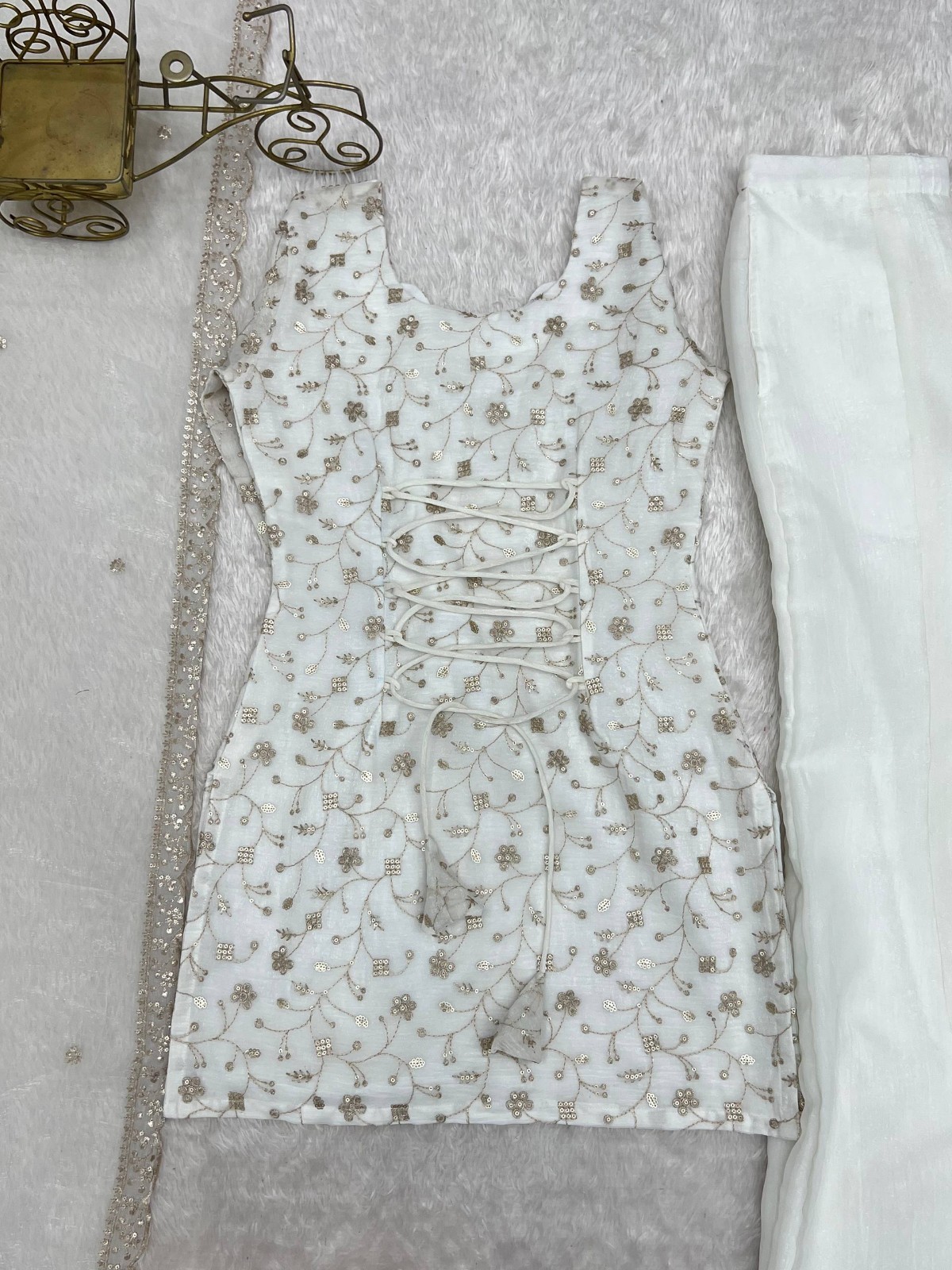 Readymade White Floral Embroidered Kurta Palazzo Dupatta Wedding Party Wear Set