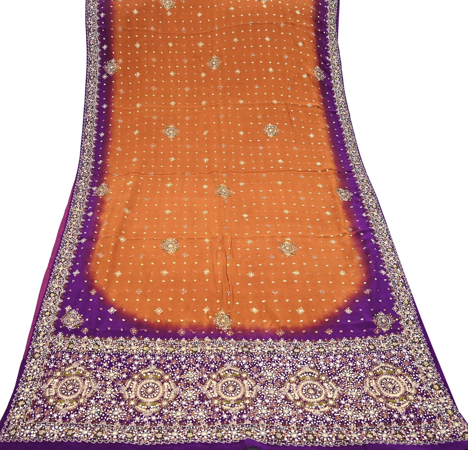 Indian Vintage Sari Purple & Mustard Pure Crepe Silk Hand Embroidered Sarees 6yd