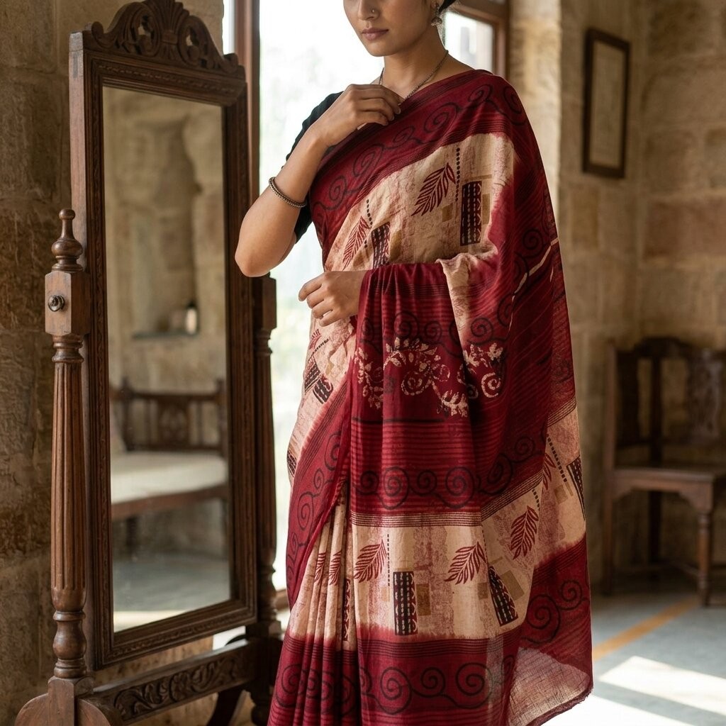 Sanskriti Vintage Saree Pink-Red Pure Georgette Leaf Printed Sari 5+Yard Fabric