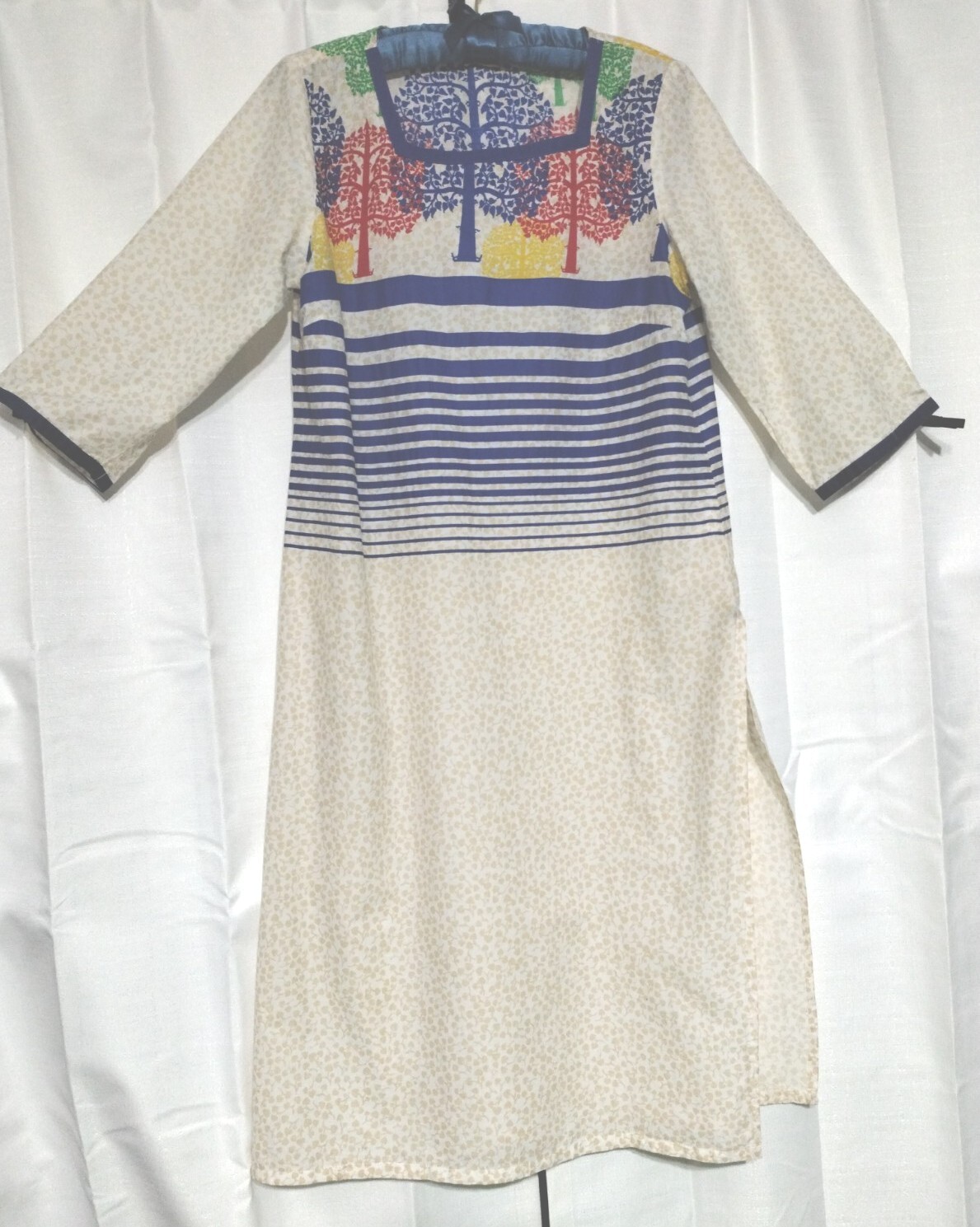 AURELIA Cool & Light Cotton Kurta ~ Large ~ Blue, Red, Green, Yellow Trees EUC