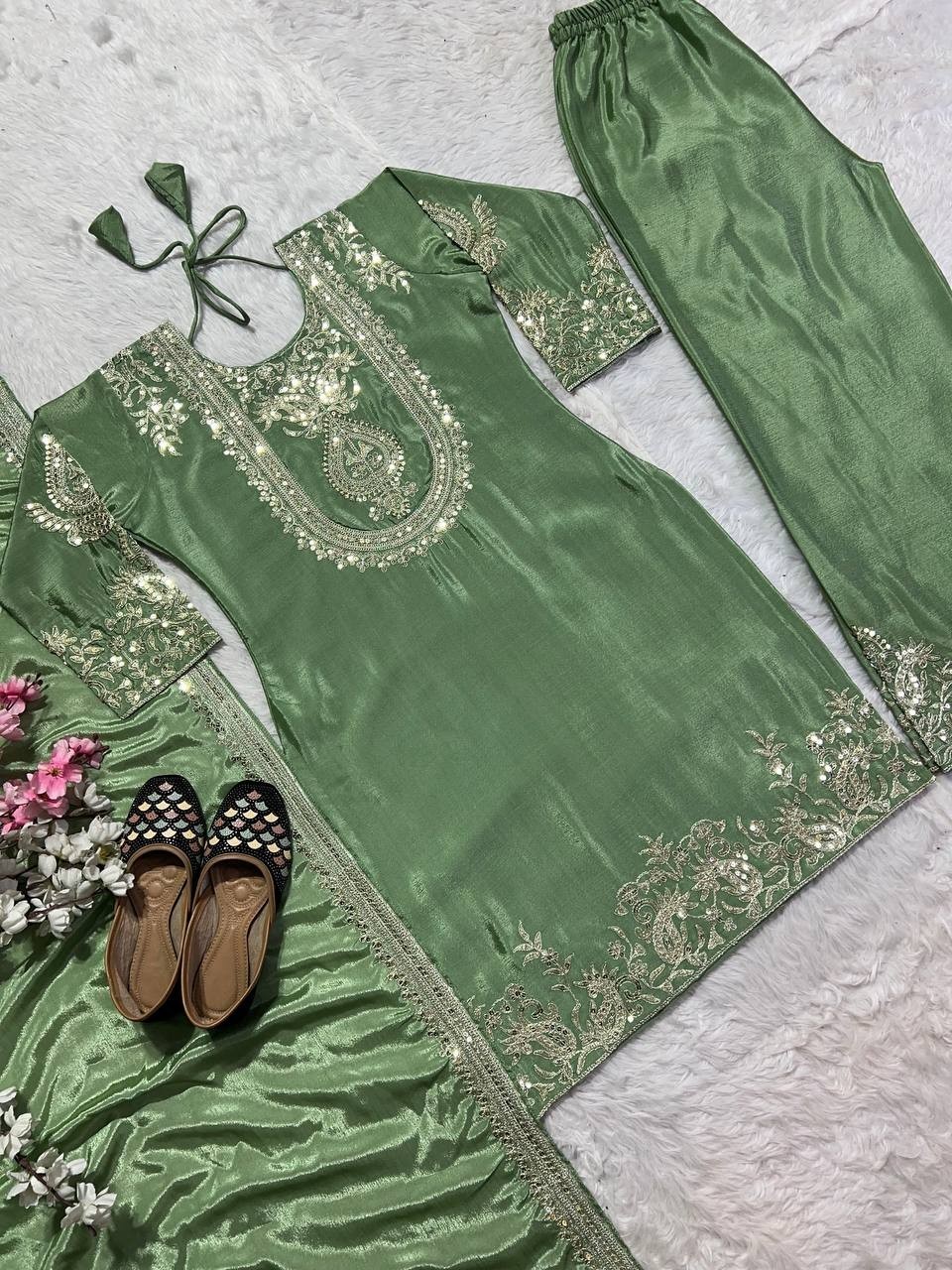 Heavy Chinon Silk Sage Green Salwar Kameez With Dupatta For Wedding Wear