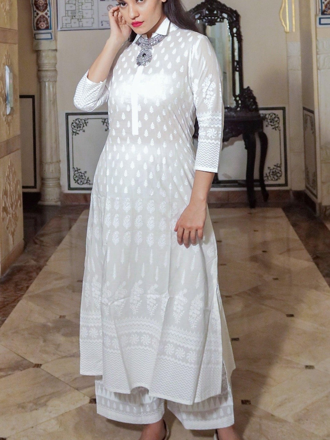White Khari Print Cotton Kurti with Palazzo Set for Women Ethnic Wear Plus Size