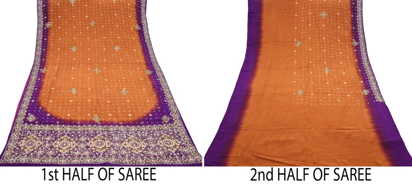 Indian Vintage Sari Purple & Mustard Pure Crepe Silk Hand Embroidered Sarees 6yd