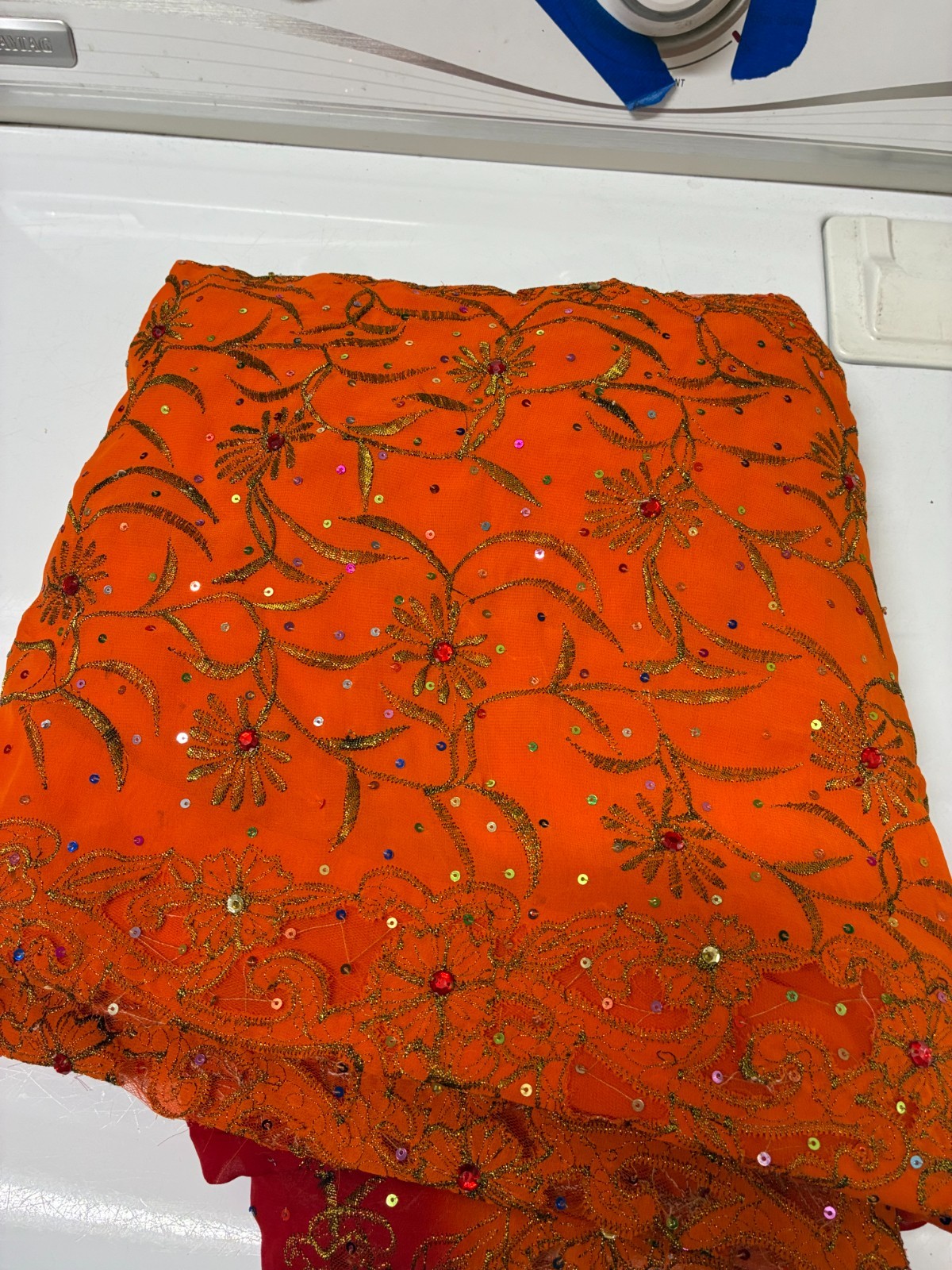 Vintage SARI Wrap ORANGE SHeer Chiffon Embroidery SEQUIN Fabric 6 yds 45″ Red