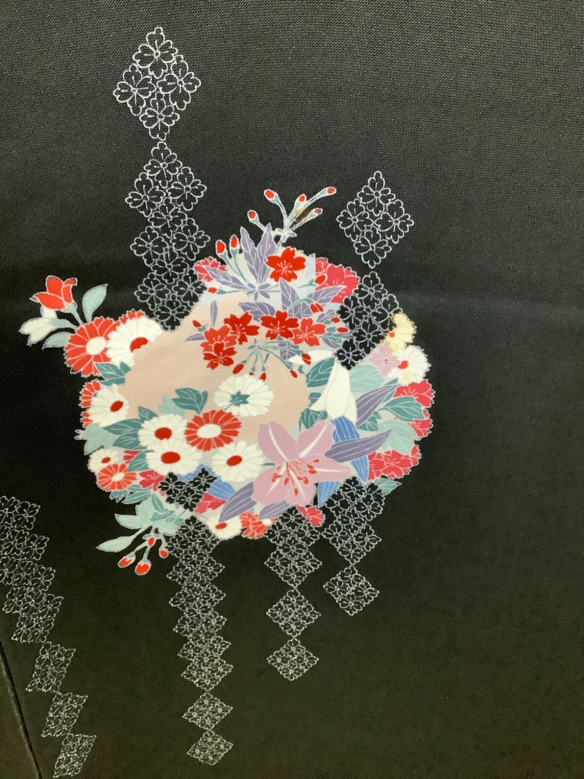 Japanese Vintage Kimono Haori Jacket polyester black flower Height 33.4inch