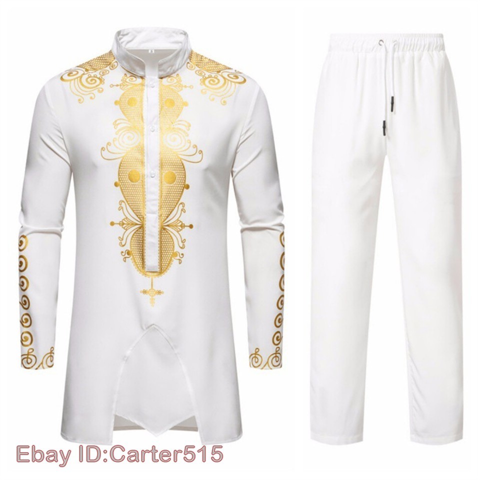 Men’s African 2 Piece Set Traditional Shirt and Pants Set Suit Middle East Suit