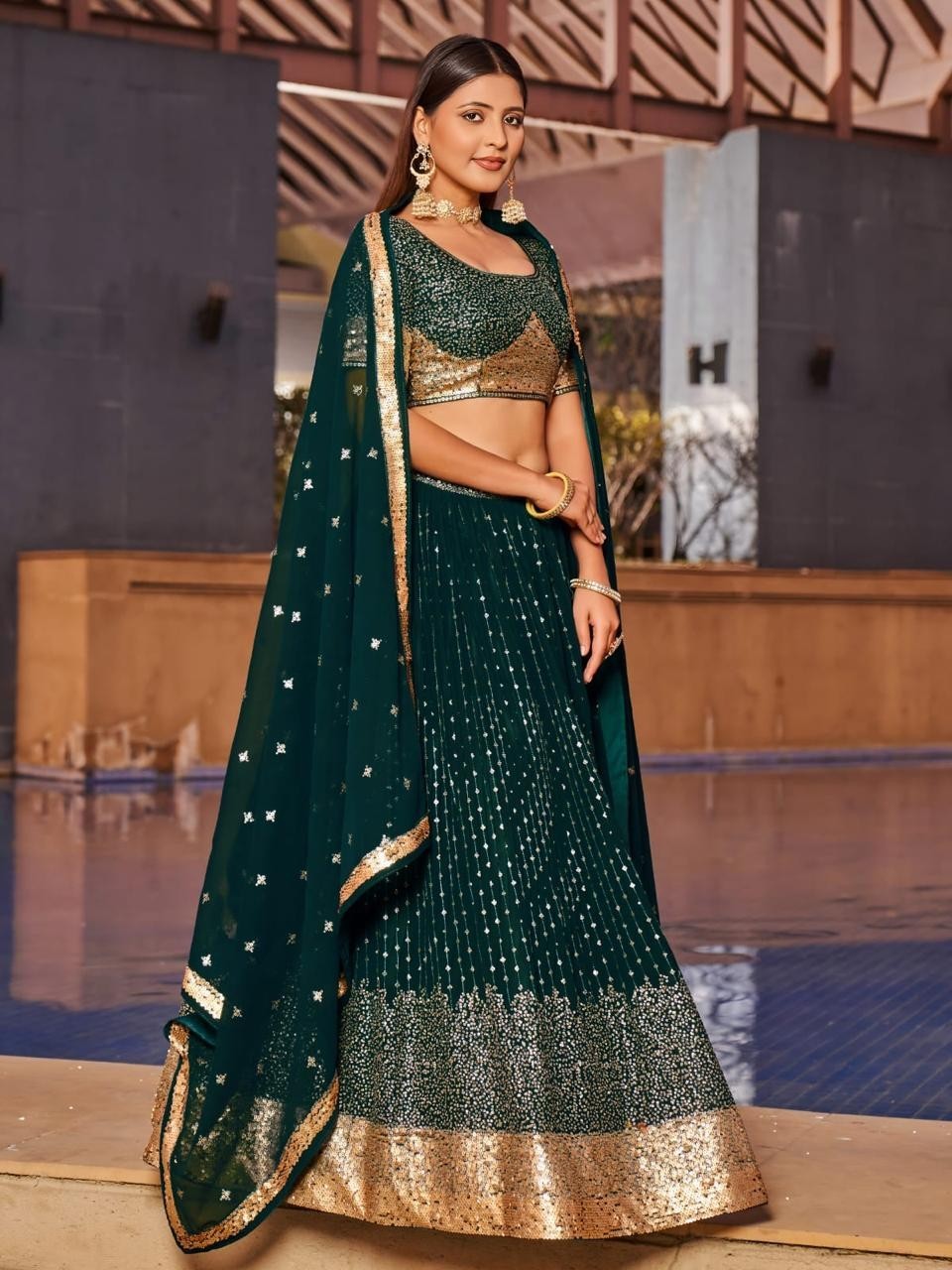 Designer Forest Green Georgette Lehenga Choli Zari Sequin Mirror Work Partywear