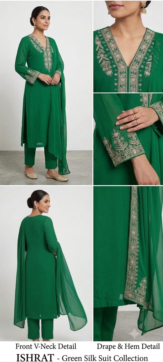 Luxury Green Hand Embroidered V-Neck Crepe Suit with Organza Dupatta | Custom…
