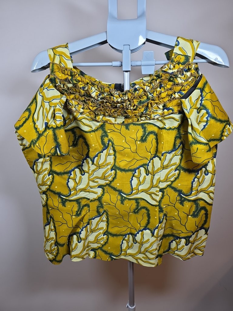 Handmade African Wax Print Smocked Top – Yellow Leaf Pattern