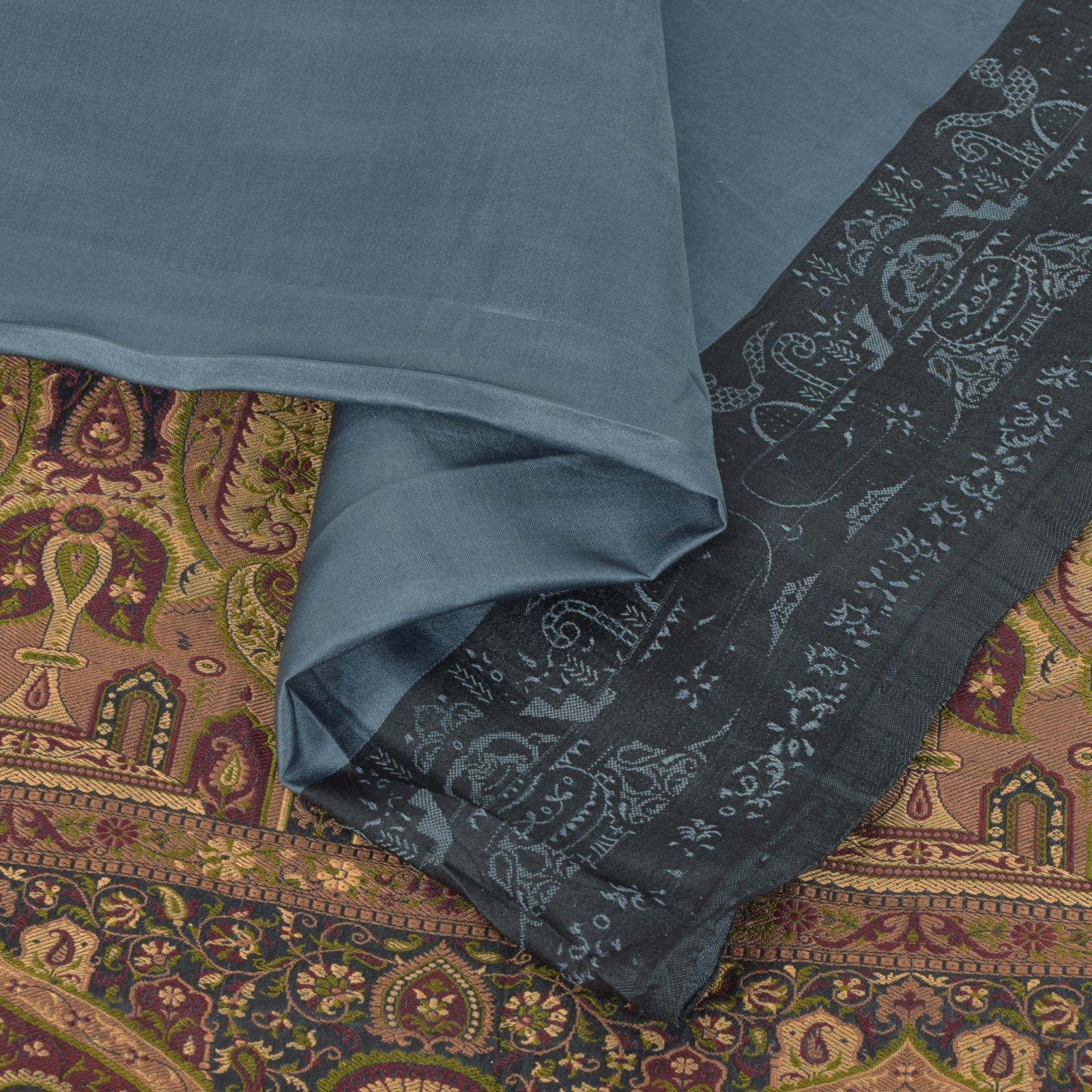 Sanskriti Vintage Gray-Blue 100%Pure Silk Saree Tanchoi Brocade Hand-Woven 5.5Yd