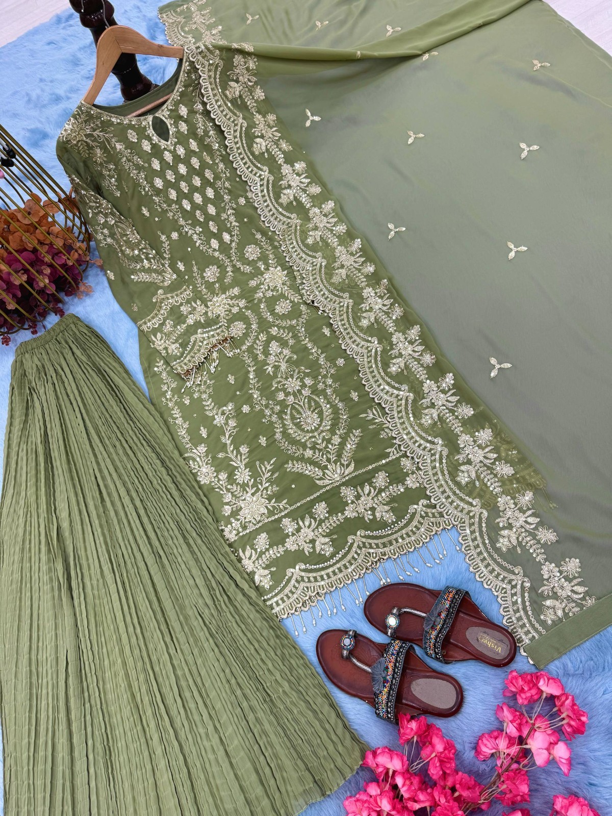 Exclusive Look Pista Green Faux Georgette Kurta Palazzo With Dupatta For Women