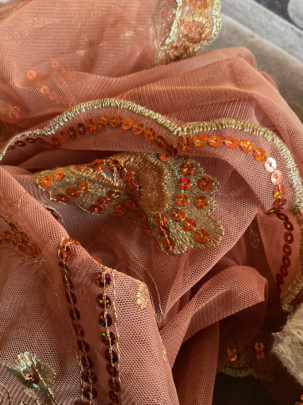 Pastel Peach Net Lace Color Indian Piece Measuring 3ft 2” Wide & 4ft 6” Length