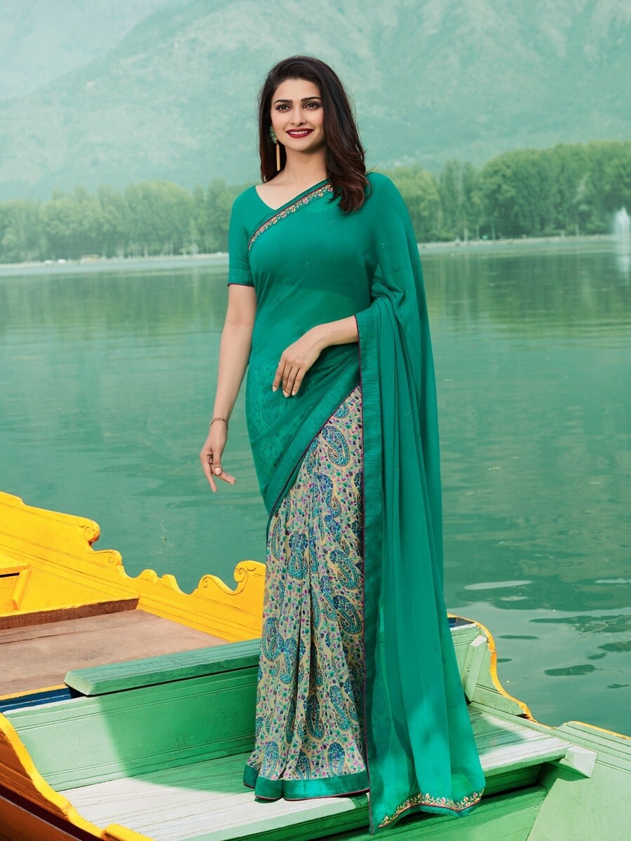 INDIAN LAUNCHING REGULAR BASE PRINTED SAREE & UNSTITCHED BLOUSE GREEN & MAROON
