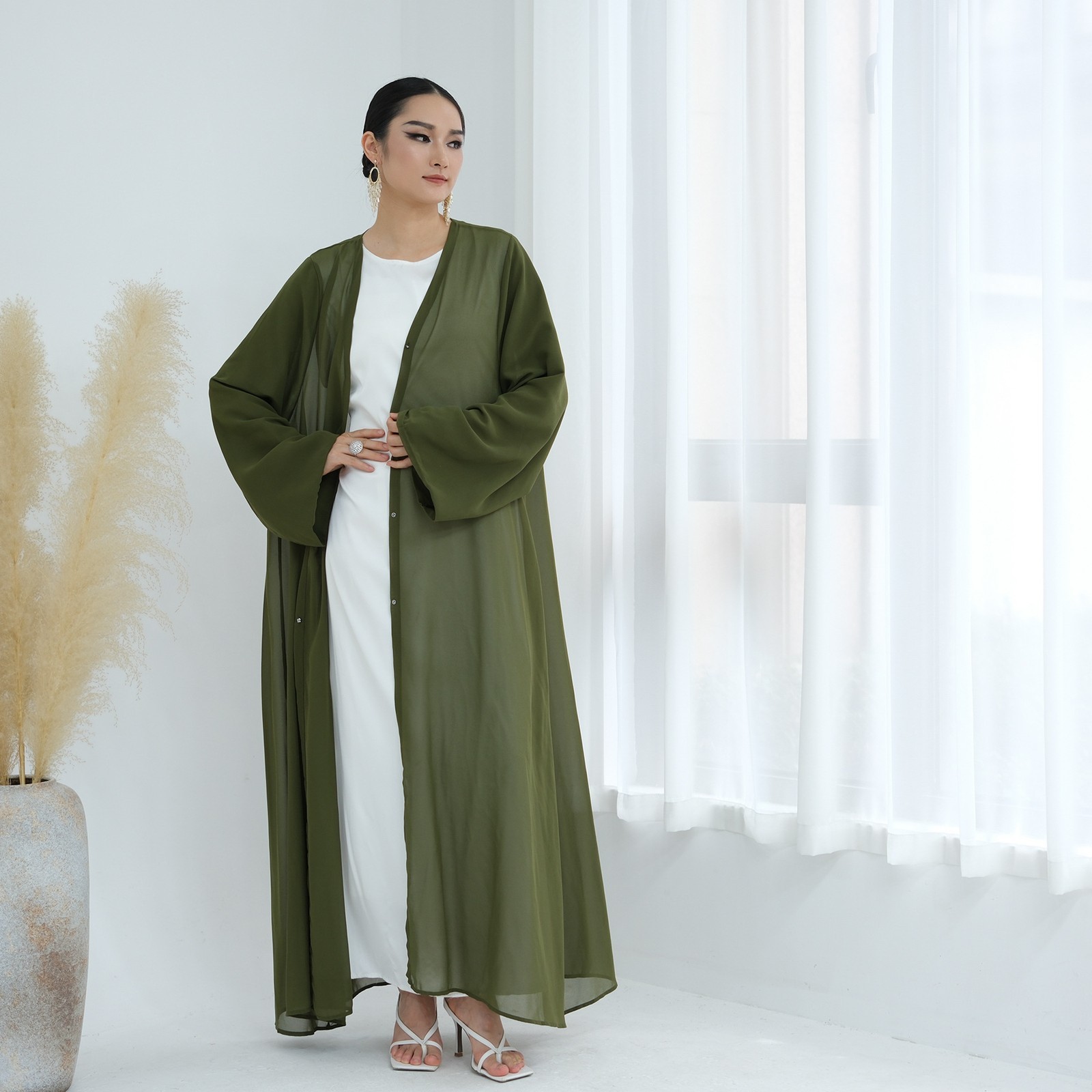 Dubai Women Open Abaya With Hijab Elegant Loose Cardigan Solid Color Inner Dress